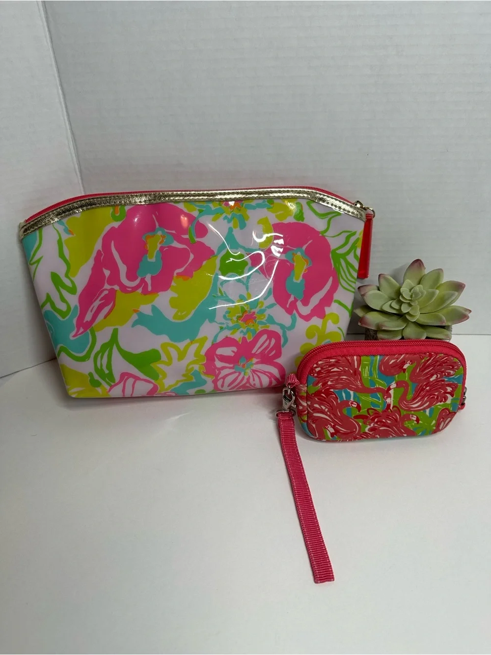 Lilly Pulitzer Floral Patent Cosmetic Pouch Set - Pink, Green & Blue